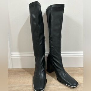 PrettyLittleThing Black Knee High Square Toe Square Heel Sock Boots Size 6